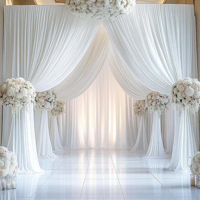 30ftx12ft Wrinkle Free White Backdrop Curtain, 6 Panels 12FT Height White Wedding Backdrop Drapes, Silky Polyester Back Drop Cloth for Birthday Photography Background Party Backdrop Draping