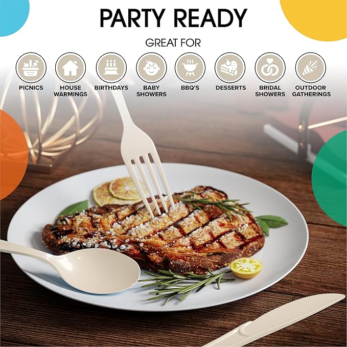 Plastic Cutlery Set 300 Pieces Ivory Forks Knives Spoons
