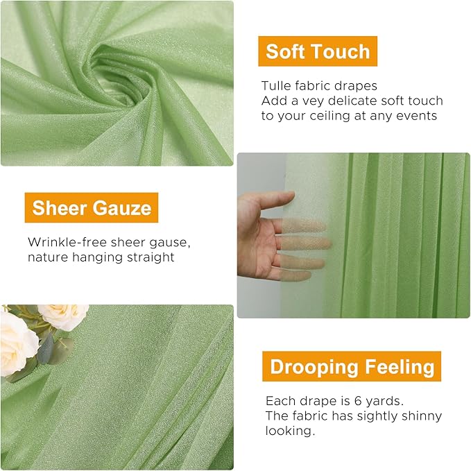 Wedding Arch Draping Fabric 6 Panels 28.7" x 20FT Sage Green Sheer Chiffon Backdrop Drapes for Wedding Ceremony Birthday Party Bridal Shower Outdoor Decoration