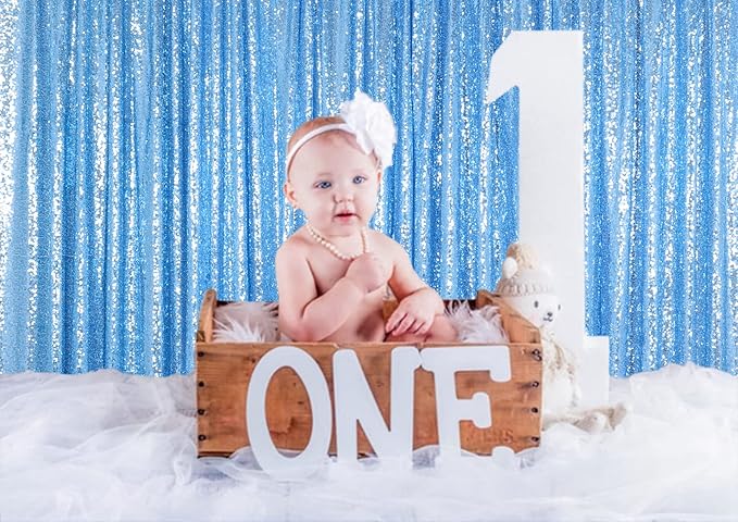 ShinyBeauty 4x10 FT Baby Blue Sequin Backdrop Curtains Glitter Photography Backdrop for Christmas, Halloween, Birthday, New Year Decor 4 Panels