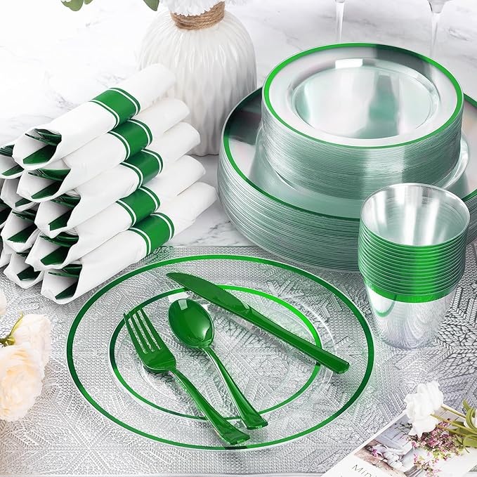 Disposable Green Party Plates Set, 350 Pieces for 50 Guests