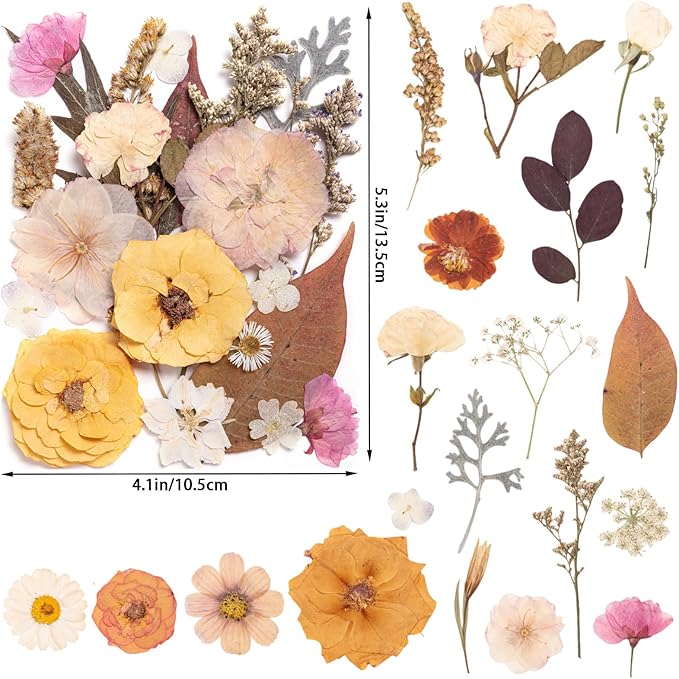 90pcs Boho Pressed Flowers Bulk, Vintage Dried Flower Leaves, Natural Fall Pressed Dried Flowers with Tweezer for DIY Crafts Resin Mold Candles Cake Bridal Scrapbooking Supplies