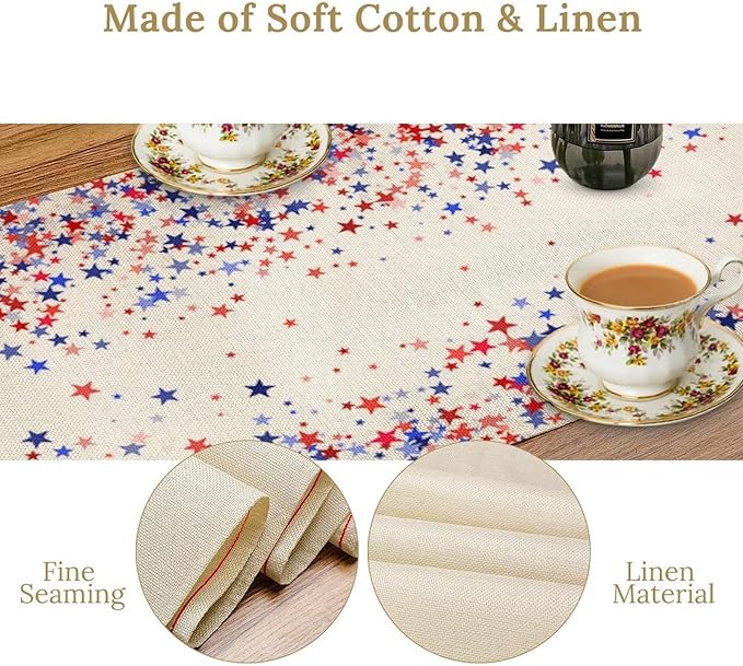 Independence Day Table Runner, 4th of July Red Blue Stars American President Day Holiday Confetti Print Table Cover for Kitchen Dining Table Indoor Outdoor Party, 13x120inch