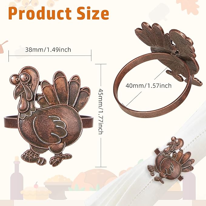 Halatool Thanksgiving Bronze Turkey Napkin Rings Set of 6, Funny Metal Festival Napkin Holders for Thanksgiving Weddings Holidays Gathering Dinner Party Decorations