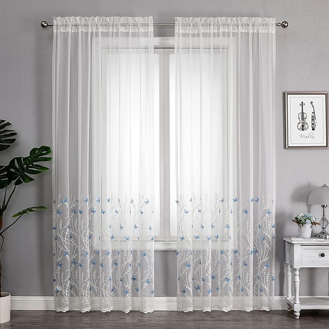 VISIONTEX White Sheer Voile Curtains, Decorative White Embossed Butterflies Rod Pocket Window Drapes for Home Kitchen, Living Room and Bedroom 54 x 95 Inch, Set of 2 Curtain Panels