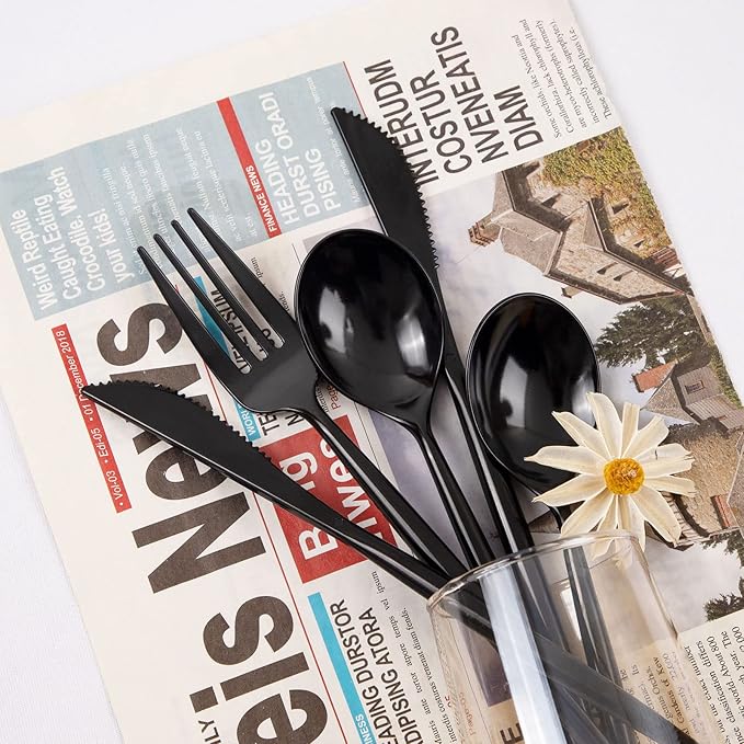 Black Plastic Spoons and Cutlery Set, 180 Count with Forks and Knives