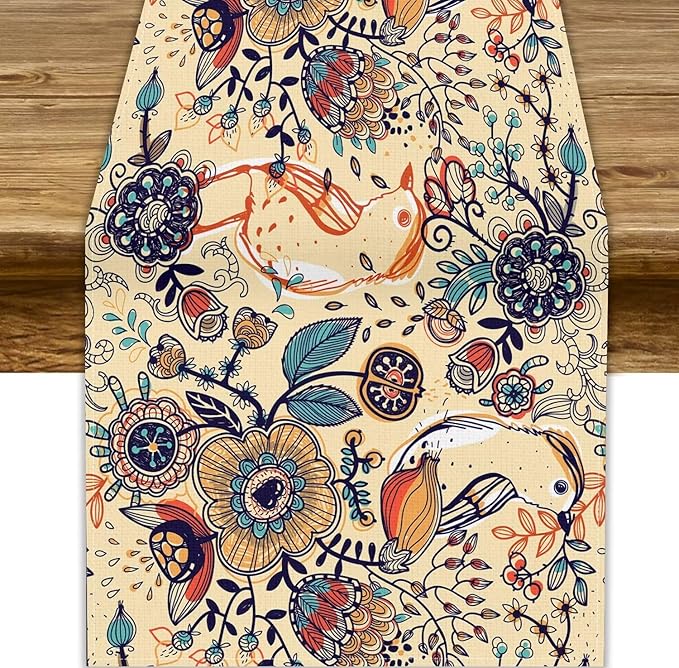 Vintage Paisley Table Runner, Boho Beige Paisley Flower Leaves Print Table Runner for Home Party Patio Indoor Outdoor, 13x120inch