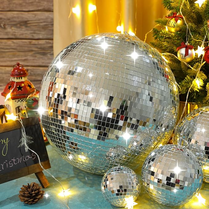 Disco Ball Party Decorations, 4 Pack Silver Mirror Balls, 4 to 12 Inch