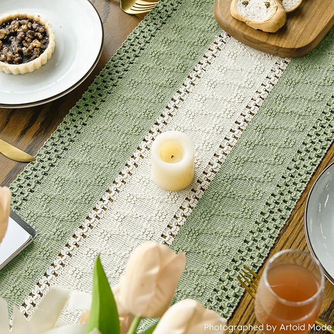 Artoid Mode Light Green Farmhouse Rustic Table Runner, Seasonal Hollow Kitchen Dining Table Decoration for Home Party Decor 12x90 Inch