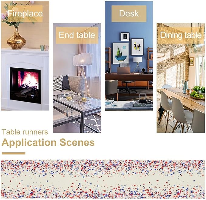 Independence Day Table Runner, 4th of July Red Blue Stars American President Day Holiday Confetti Print Table Cover for Kitchen Dining Table Indoor Outdoor Party, 13x70inch
