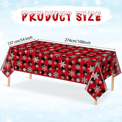 1 Pieces Red and Black Buffalo Plaid Merry Christmas Party Tablecloth Decorations,Plastic White Snowflake Buffalo Plaid Sign Table Cover for Winter Christmas Holiday Party Supplies,54x108 inch