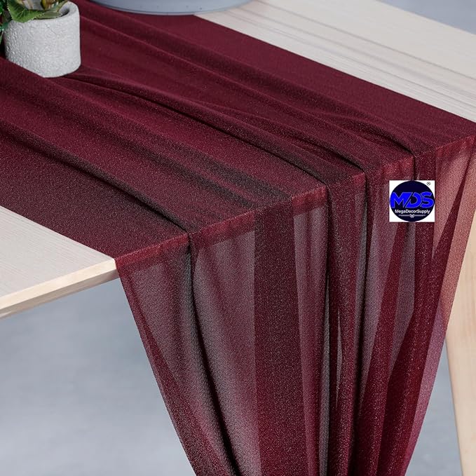 MDS 20 Pack 10ft Chiffon Table Runner 29 x 120 Inches Sheer Wedding Runner Romantic Rustic Table Runner for Wedding Decorations, Birthday Parties, Bridal Shower Party Arch Decor - Burgundy