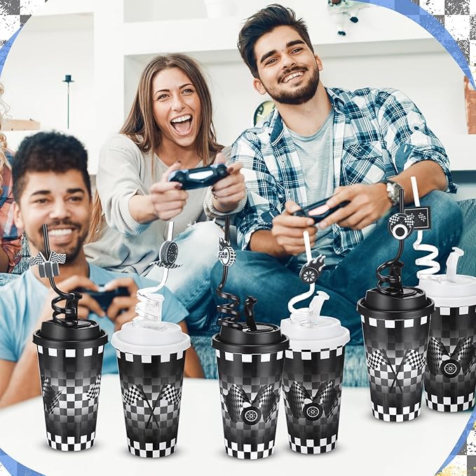 Yungyan 24 Sets Checkered Flag Party Favors Goodie Cups with Lids and Straws for Birthday Decorations Reusable 16oz Plastic Candy Cups Plastic Straws for Birthday Party (Checkered Flag)