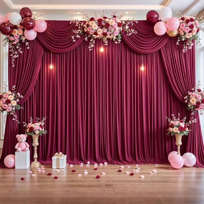 Burgundy Backdrop Curtains, 10 Panels, Wrinkle-Free Soft Fabric