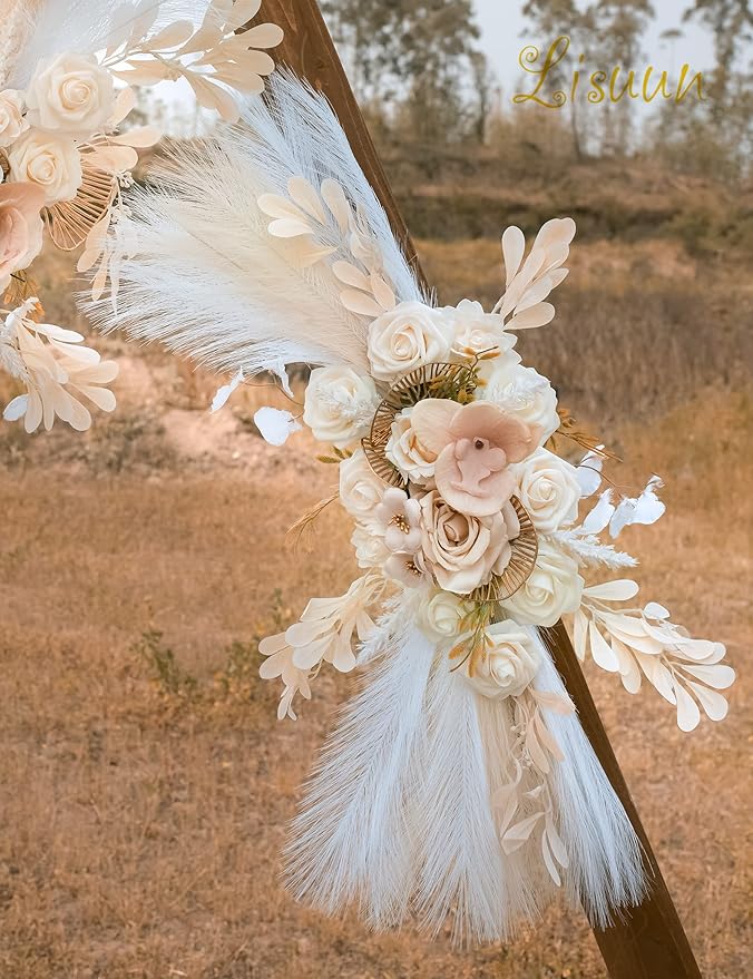 Artificial Wedding Arch Flowers, Pampas Grass Silk Swag in Beige and Champagne