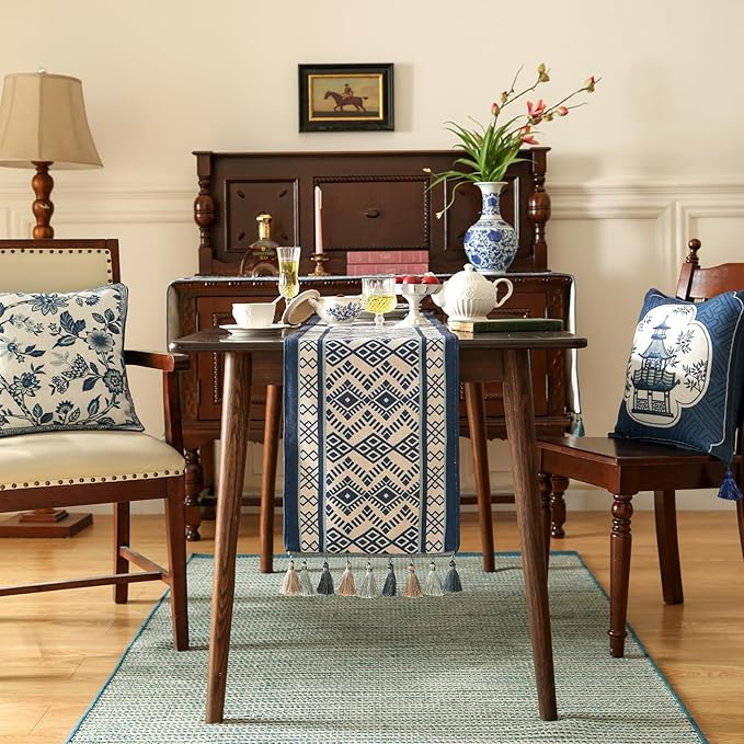 Chinoiserie Small Blue Stripe Cloth Runner for Table,Decorative Linen 63 Inches Long Table Runners,Decor Tabletop for Kitchen,Dining,Party,Home,Christmas,12"*63"