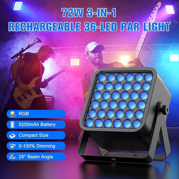 Rechargeable Par Can Lights, 72W RGB 5200mAh Uplights Battery Powered Stage Light, Wireless DJ Lights Sound Activated with Remote & DMX Control for Festivals, Weddings, Bars, Churches, DJ (16 Packs)