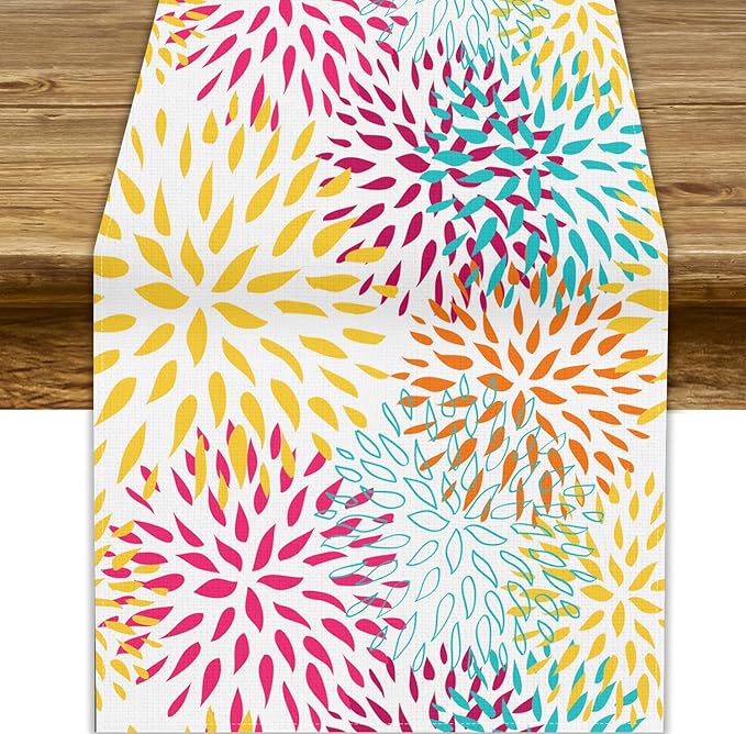Abstract Flowers Table Runner, Chrysanthemum Dahlia Vintage Modern Colorful Spring Summer Elegant Table Runner for Party Kitchen Dining Living Room Laundry Room Decor, 13x60 Inch