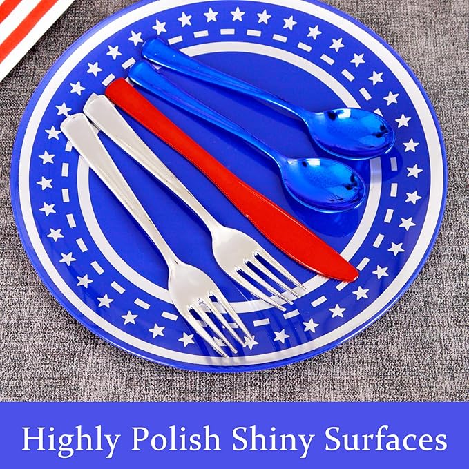 NOCCUR 180PCS Independence Day Silverware - 4th of July Tricolor Plastic Cutlery - Include 60 Red Knives, 60 Silver Forks, 60 Blue Spoons - Ideal for Independence Day