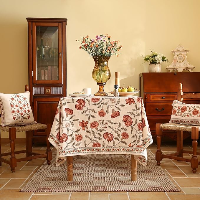Rectangular Tablecloth 55x71 Inch Linen Blend Hand-Painted Floral Orange