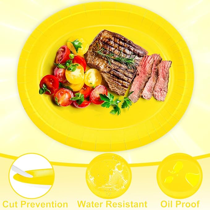 50 Pcs Party Decorations, 12.2'' X 10.2'' Oval Large Paper Plates, Yellow Disposable Paper Plates, Heavy Duty Paper Plates for Birthday Party Wedding Picnic Baby Shower Barbecue Holiday Daily Use