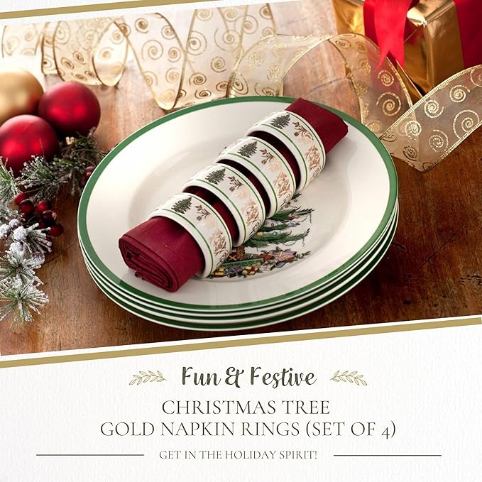 Napkin Rings, Set of 4 Porcelain Christmas Tree Design with Gold Accents