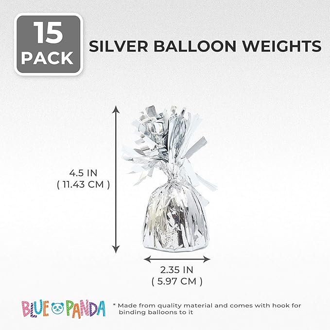 Balloon Weights, 15 Pack Silver Fringed Mylar Balloon Holders with Hook