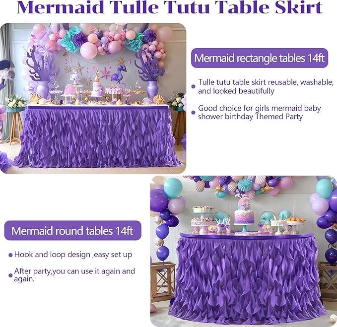 Partisky Mermaid Purple Tulle Curly Willow Table Skirt for Rectangle Table 14ft, Ruffle Tutu Table Cloth for Girls Boys Baby Shower,Mermaid Birthday Party