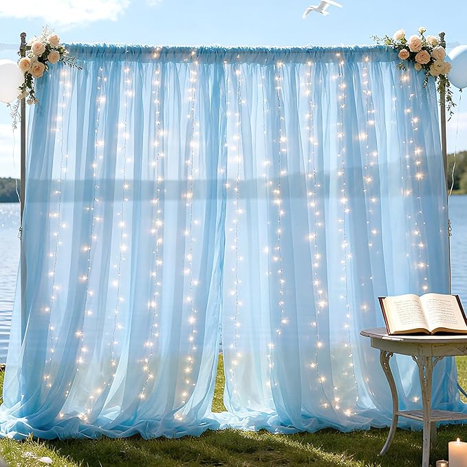 10×10ft Tulle Backdrop Curtains with Lights String - 300LED Fairy Lights Sheer Curtain Backdrop for Weddings Baby Shower and Birthday Party Decorations(4 Panels 5×10ft)