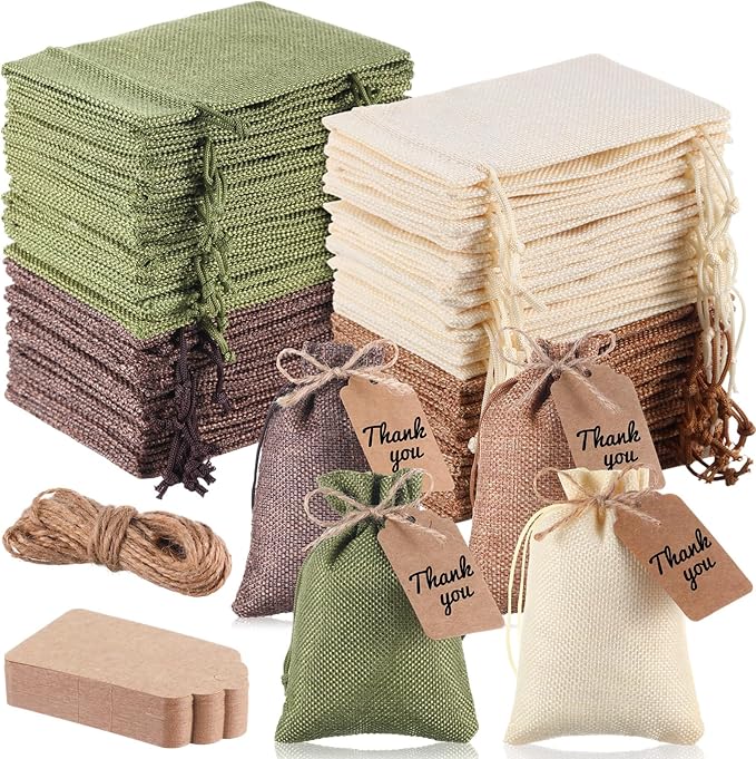 Burlap Gift Bags 100 Pack, 4 x 6 Inch Drawstring with Kraft Tags