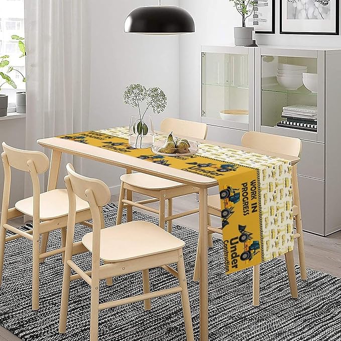 Cartoon Car Table Runner,Boys Kids Construction Vehicles Truck Yellow Print Tablecloth Burlap for Hotel Indoors Outdoor Dining Room Kitchen Home Decor,W13X L36 in
