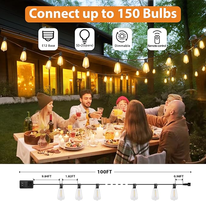 Outdoor String Lights 100FT with Remote, Dimmable 3-Color LED Patio Lights