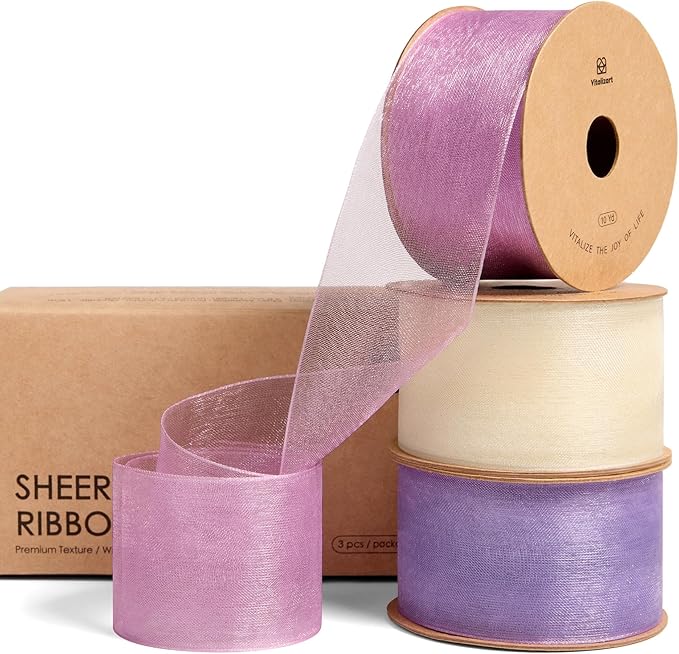 Vitalizart Organza Ribbon 1.5" x 30 Yd Lavender Purple & Cream White Sheer Ribbons for Gift Wrapping Crafts Christmas Wreaths Bows Party Decor Wedding Bouquet