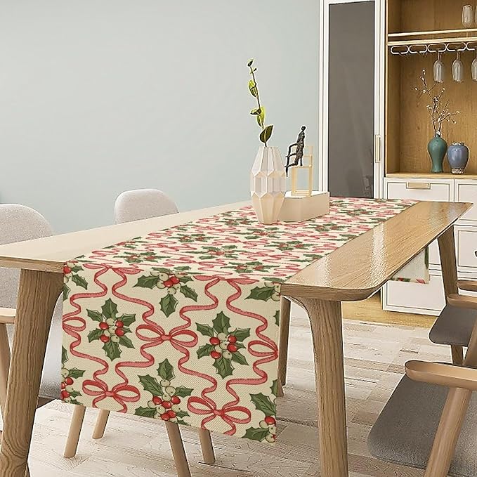 Christmas Table Runner,Xmas Holiday Bowknot Decor Table Cloth Kitchen Dining Table Decoration for Home Party Decor 13x70 Inch