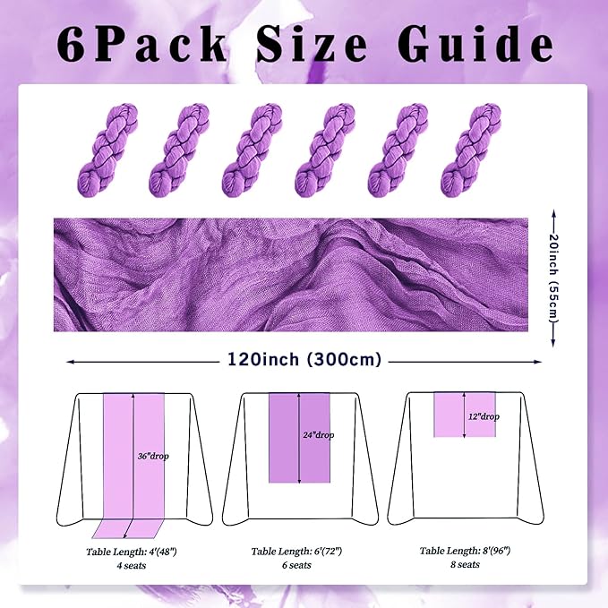 6 Pack Purple Cheesecloth Table Runner 10FT Boho Fabric Rustic Cheese Cloth Table Runner for Wedding Bridal Shower Baby Shower Gauze Sheer Birthday Party Table Decorations 20 x 120 Inch Long