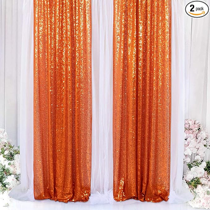 ShinyBeauty Orange Sequin Backdrop Curtains 2 Panels 2FTx8FT Orange Sparkly Sequin Photo Background Shimmer Backdrop Curtains for Party Glitter Curtains Halloween Backdrop Studio Backgrounds