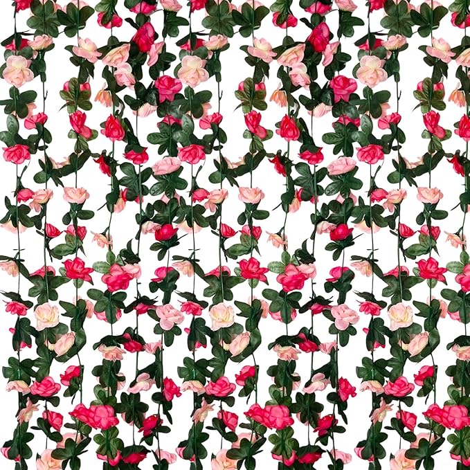 8Pcs 63Ft Pink Rose Garland, Fake Rose Hanging Flowers, Artificial Flower Vine, Hanging Floral Vine Garland for Wedding, Birthday Party, Wall Arch, Halloween, Christmas Garden Backdrop Decor