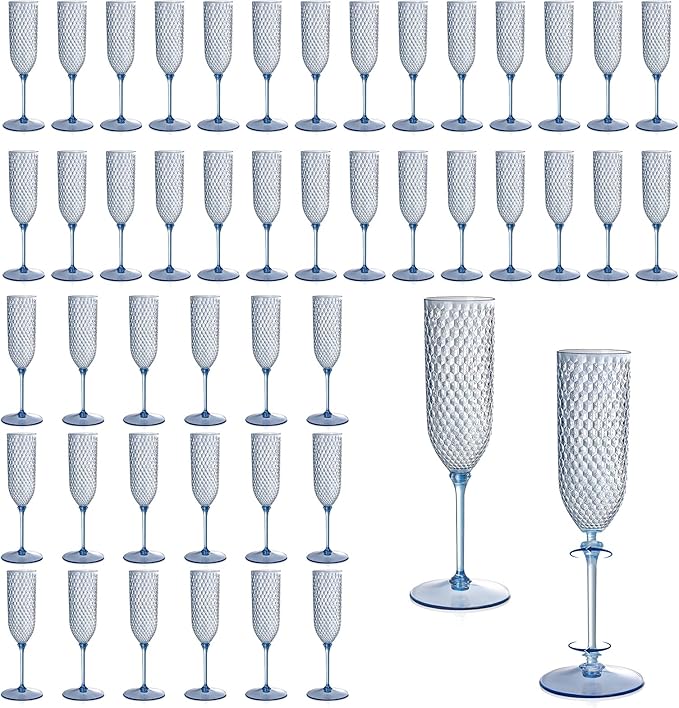 Champagne Glasses, Blue Plastic 5.5 Oz Detachable 2-Piece Flutes