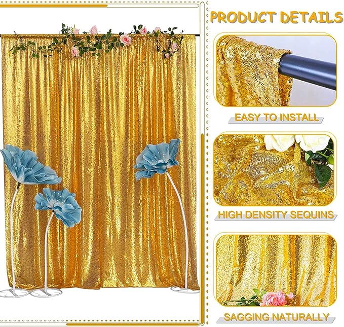 Sequin Backdrop Curtain, 10 x 10 Ft Gold Glitter Panel