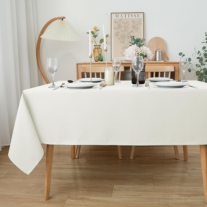Biscaynebay Textured Fabric Tablecloths 70x108 Inches Rectangular, Ivory Water Resistant Tablecloths for Dining, Kitchen, Wedding, Parties etc. Machine Washable