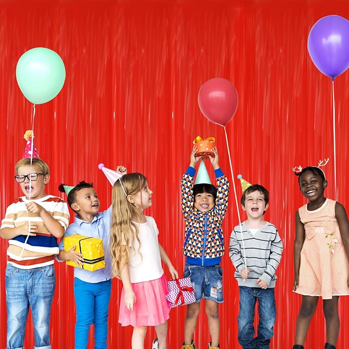 GOER 3.2 ft x 8.2 ft Metallic Tinsel Foil Fringe Curtains Party Photo Backdrop Party Streamers for Birthday,Graduation,New Year Eve Decorations Wedding Decor(4 Packs,Candy Red)