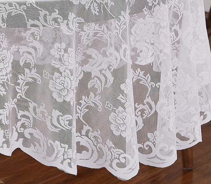 LinenZone White Round Tablecloth for Rustic Vintage Decor. Sheer Lace Works Great As Wedding, Thanksgiving or Christmas Tablecloth (Mia 70 Round, White)