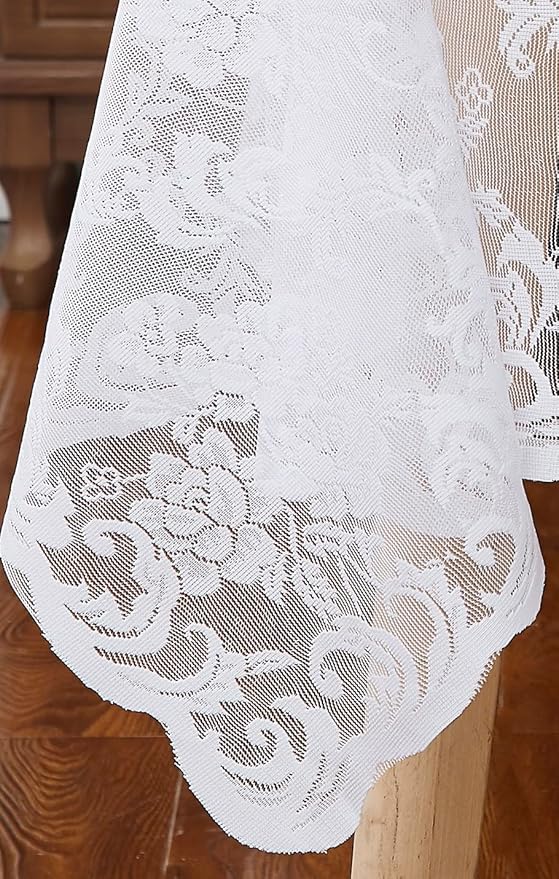 LinenZone White Round Tablecloth for Rustic Vintage Decor. Sheer Lace Tablecloth Works Great As Wedding, Thanksgiving or Christmas Decor. (Mia 90 Round, White)