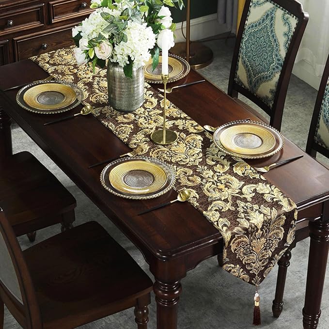 Dark Brown Coffee Table Runner Chenille Retro Golden Flowers 98 inches Long