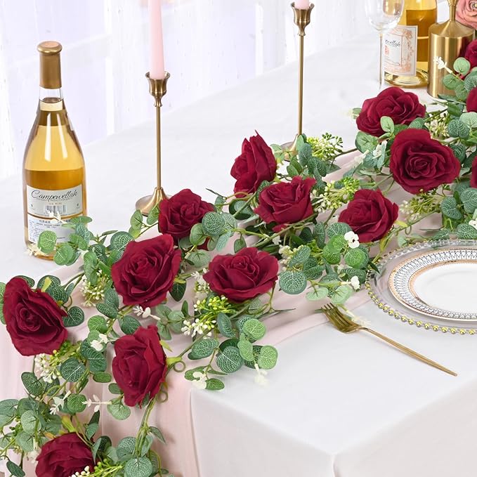Dolicer 2Pcs 13Ft Artificial Eucalyptus Garlands with Flowers - 8 Roses, Faux Floral Greenery Garlands Fake Flowers Vines for Wedding Table Centerpieces Arch Party Ceremony Backdrop Decor (Red)