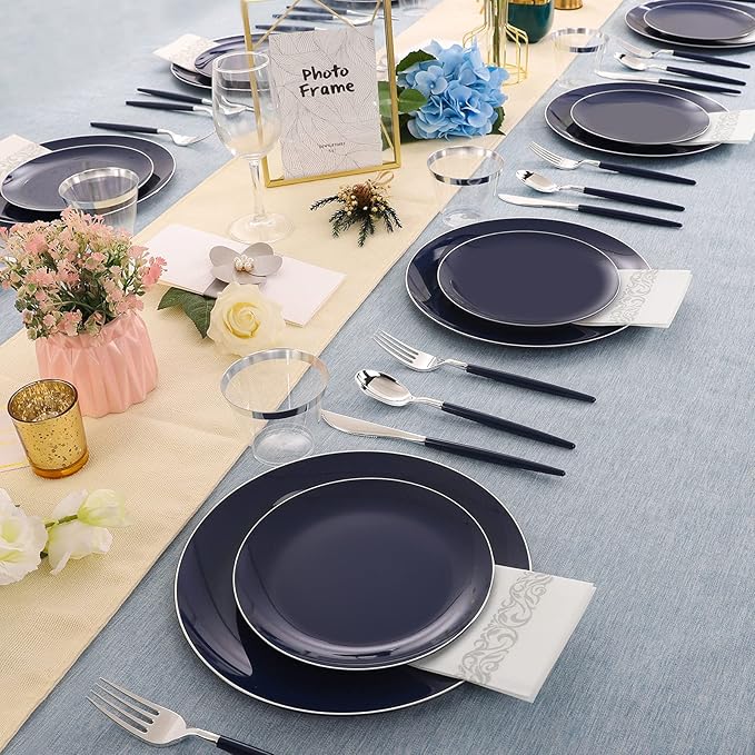Plastic Plates, Blue and Silver Disposable Set for 25 Guests