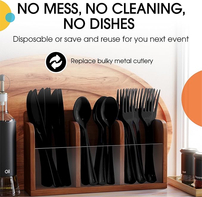 Disposable Plastic Cutlery Set, 300 Pieces, Black Heavy Duty