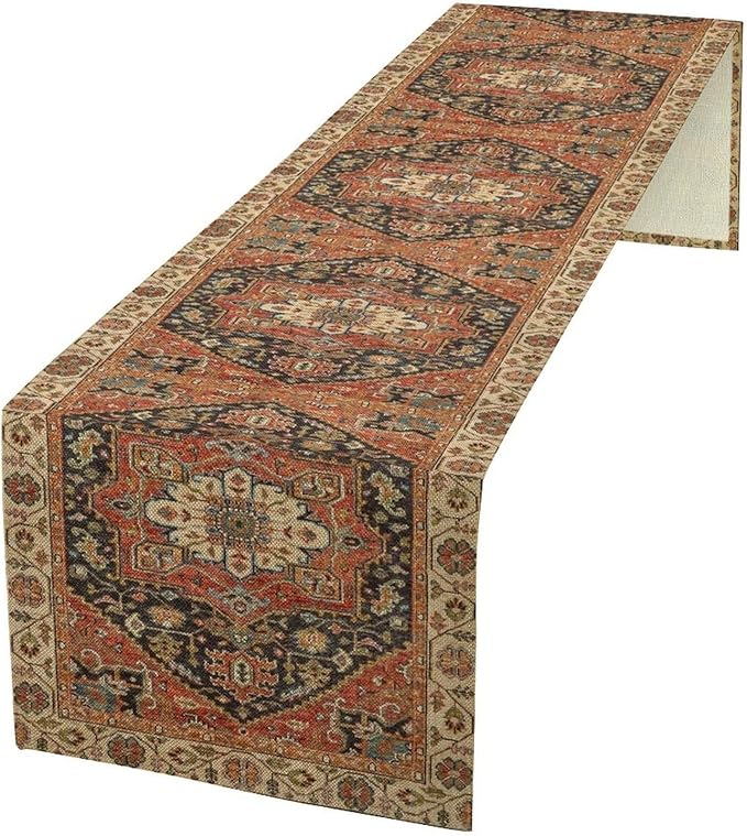 Vintage Boho Floral Table Runner, Rustic Country Farmhouse Orange Black Retro Flower Pattern for Home Kitchen Table Decor Dining Coffee Room Party Decor 13x60in