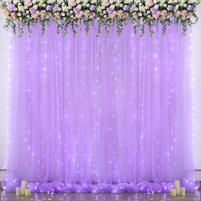 Lavender Sheer Backdrop Curtain with Led Lights for Baby Shower Girls Wedding10ft X 10ft Lavender Tulle Backdrop Curtain for Bridal Shower Birthday Party Photoshoot Arch Background Decorations