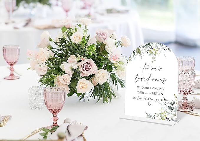 Greenery Wedding Memorial Sign, 6 x 8 Inch White Arch Acrylic Wedding Sign with Holder, Wedding Decoration, Wedding Supplies